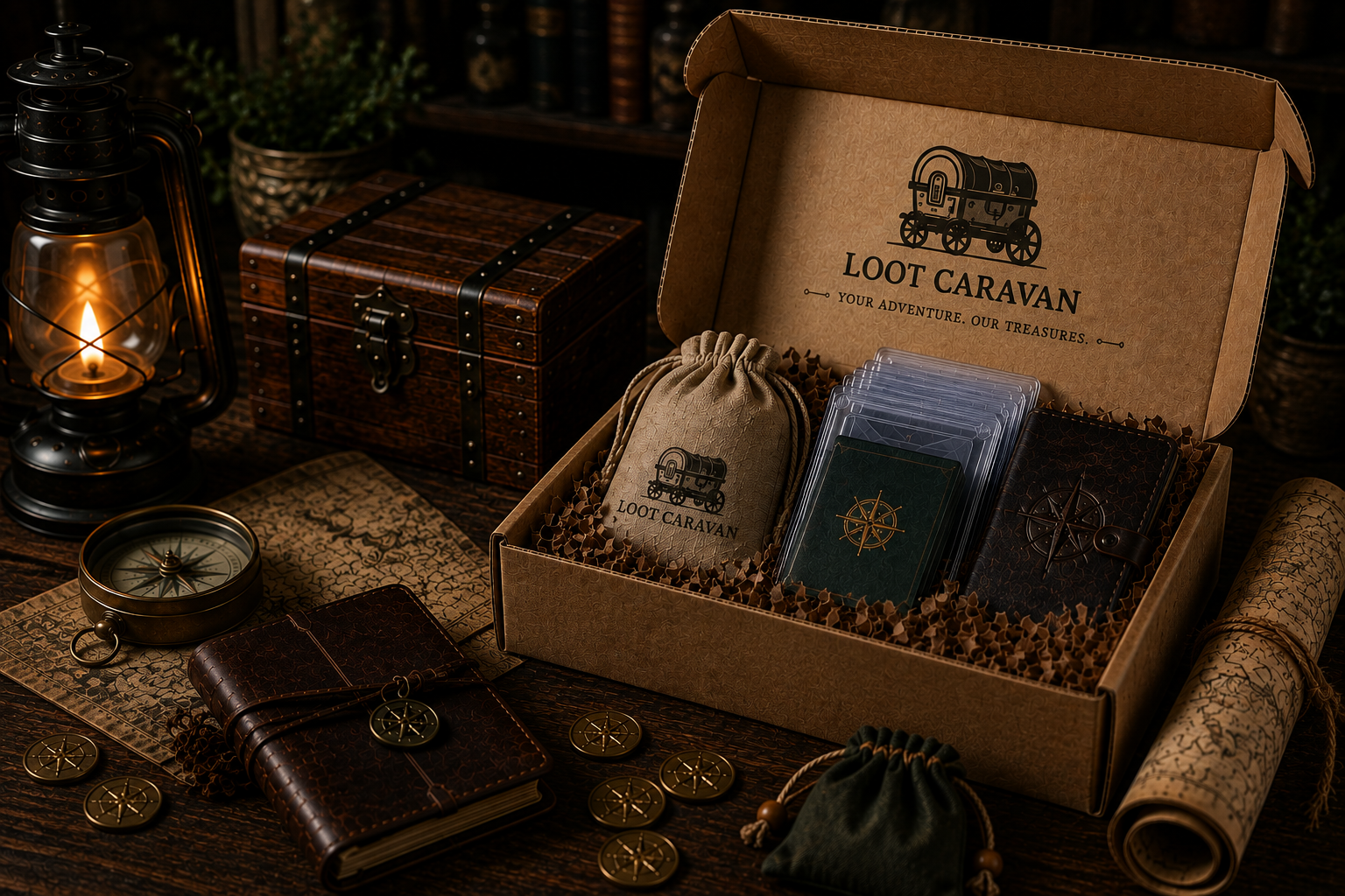 An open Loot Caravan collector box surrounded by a lantern, treasure chest, compass, maps and card accessories